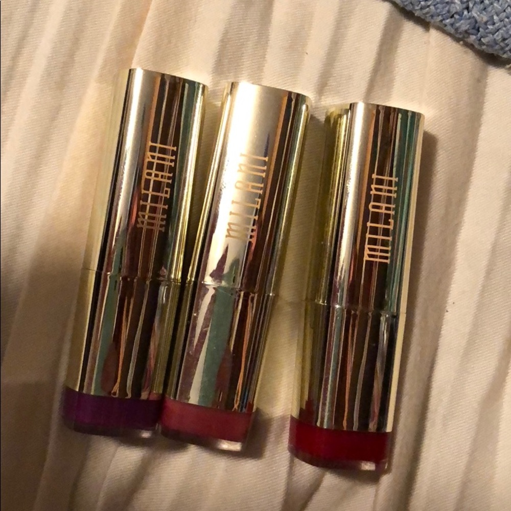 Milani lipstick in ruby valentine, plum rose, glam